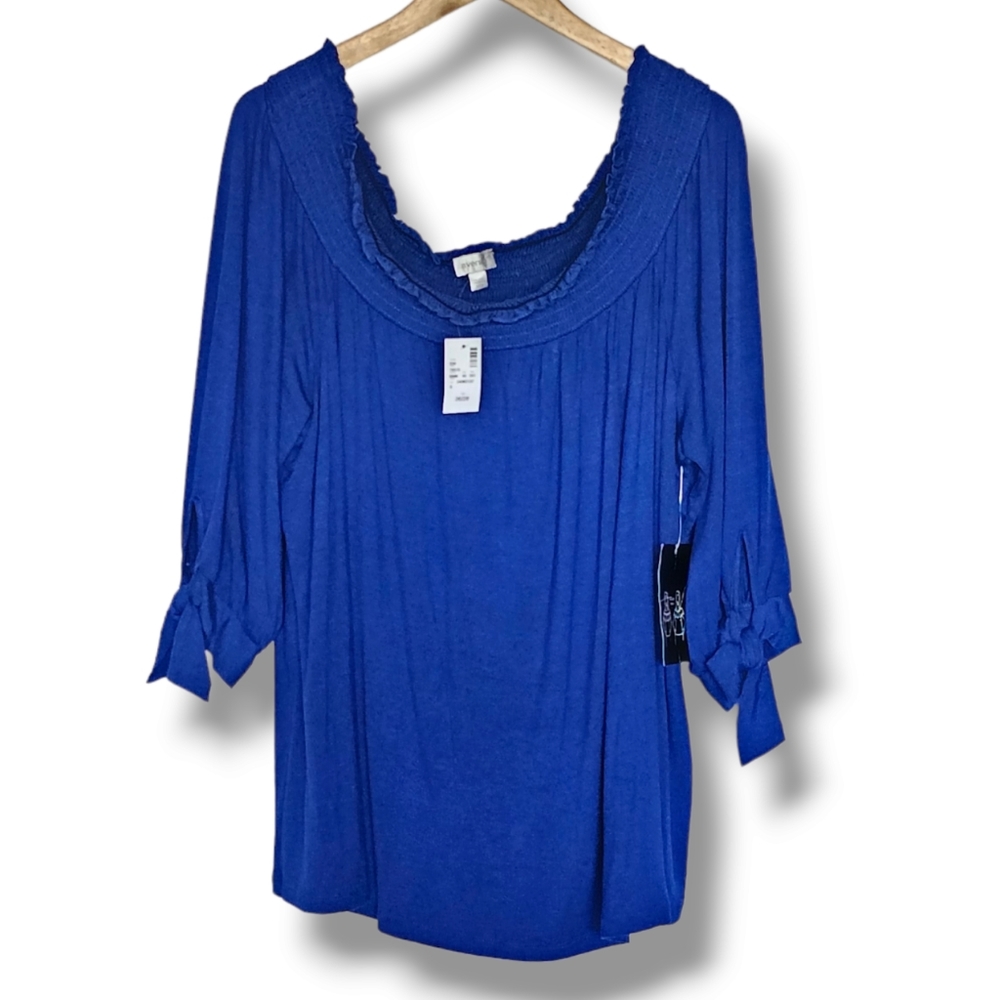 Avenue Blouse Womens Size 26/28 Blue Off The Shoulder Tie Elbow Length Sleeves